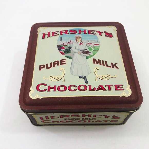 Vintage Hershey's Pure Milk Chocolate Tin Can 1992 6.25" x 6.25" x 3" - Picture 4 of 6